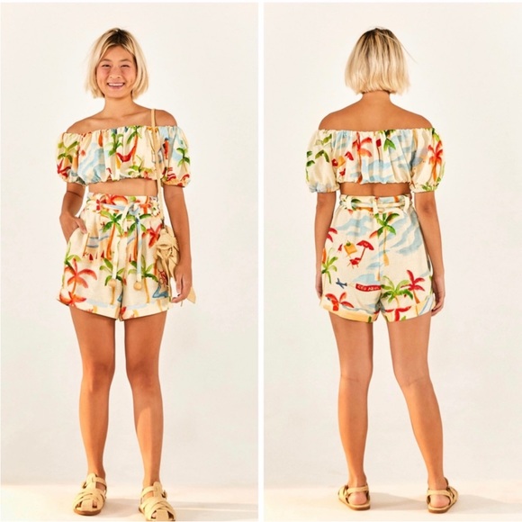 NWT FARM Rio Copacabana Patterned High-Waisted Cotton Shorts - Tropical Resort - Picture 2 of 7